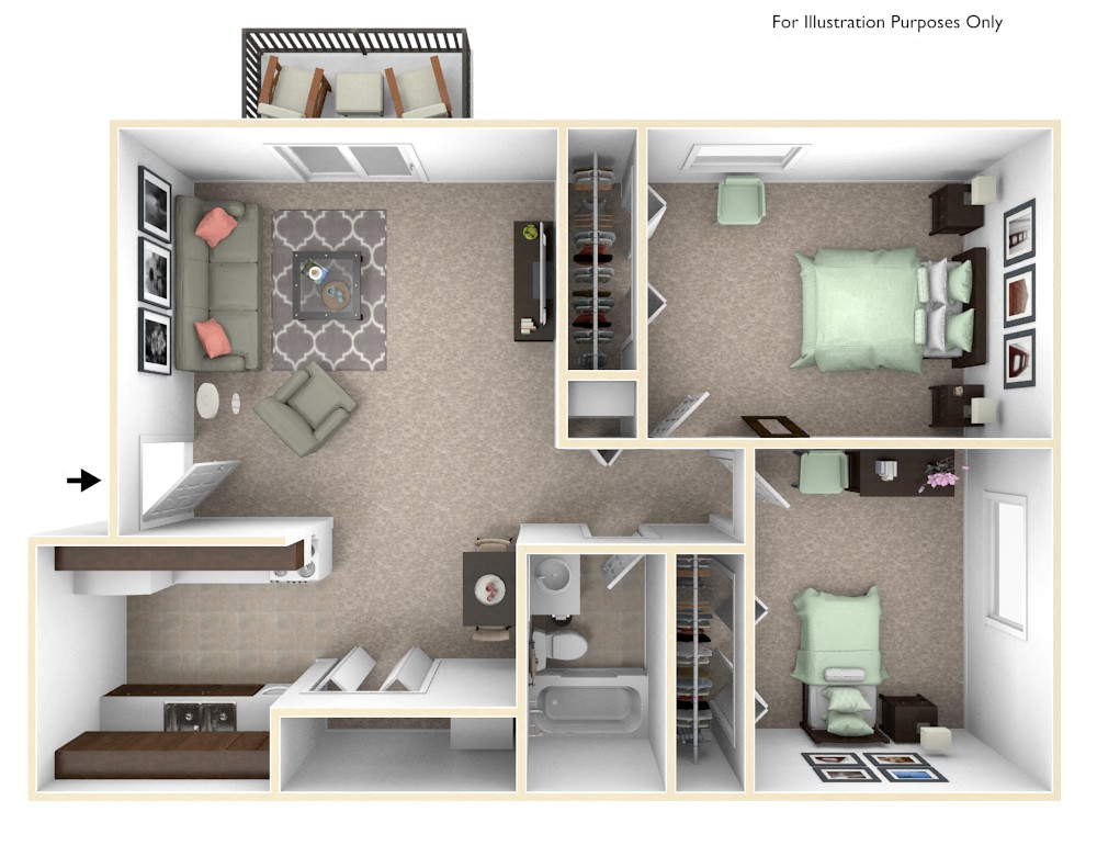 Floor plan for 2 beds, 1 bath, 680 sqft